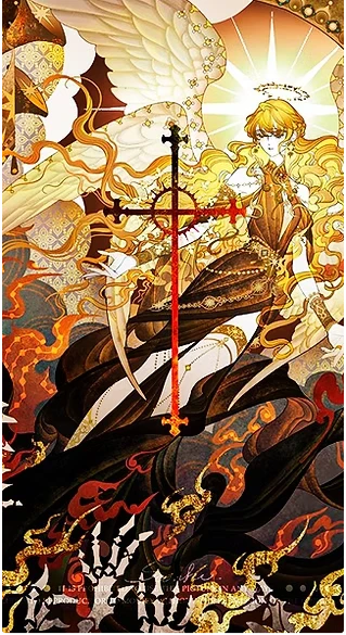 Ilustração de um Malakin, guerreiro angelical de Liberty, com halo e cruz flamejante